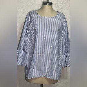 Jennifer & grace Blue Striped Women's Top with Pearl Accents size 1X